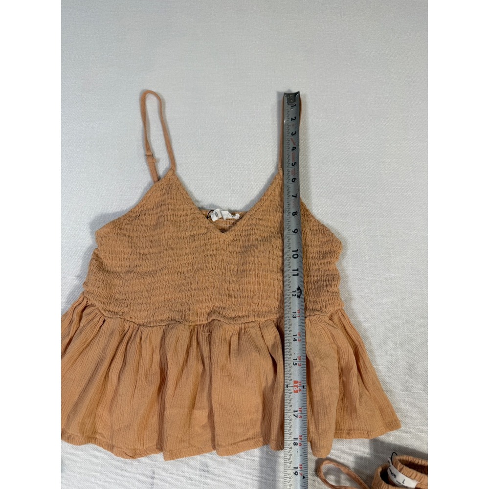 Salty Lemon Women Tan Crinkle Rayon 2 Piece Set Smocked Top Wide Leg Pants L - Picture 10 of 13
